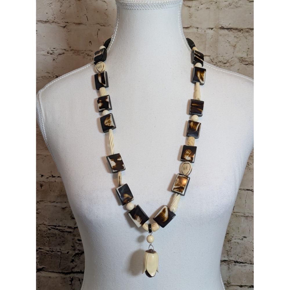 Vintage Long Ethnic Beaded Necklace With Earthy Brown & Cream Tone Carved Tribal